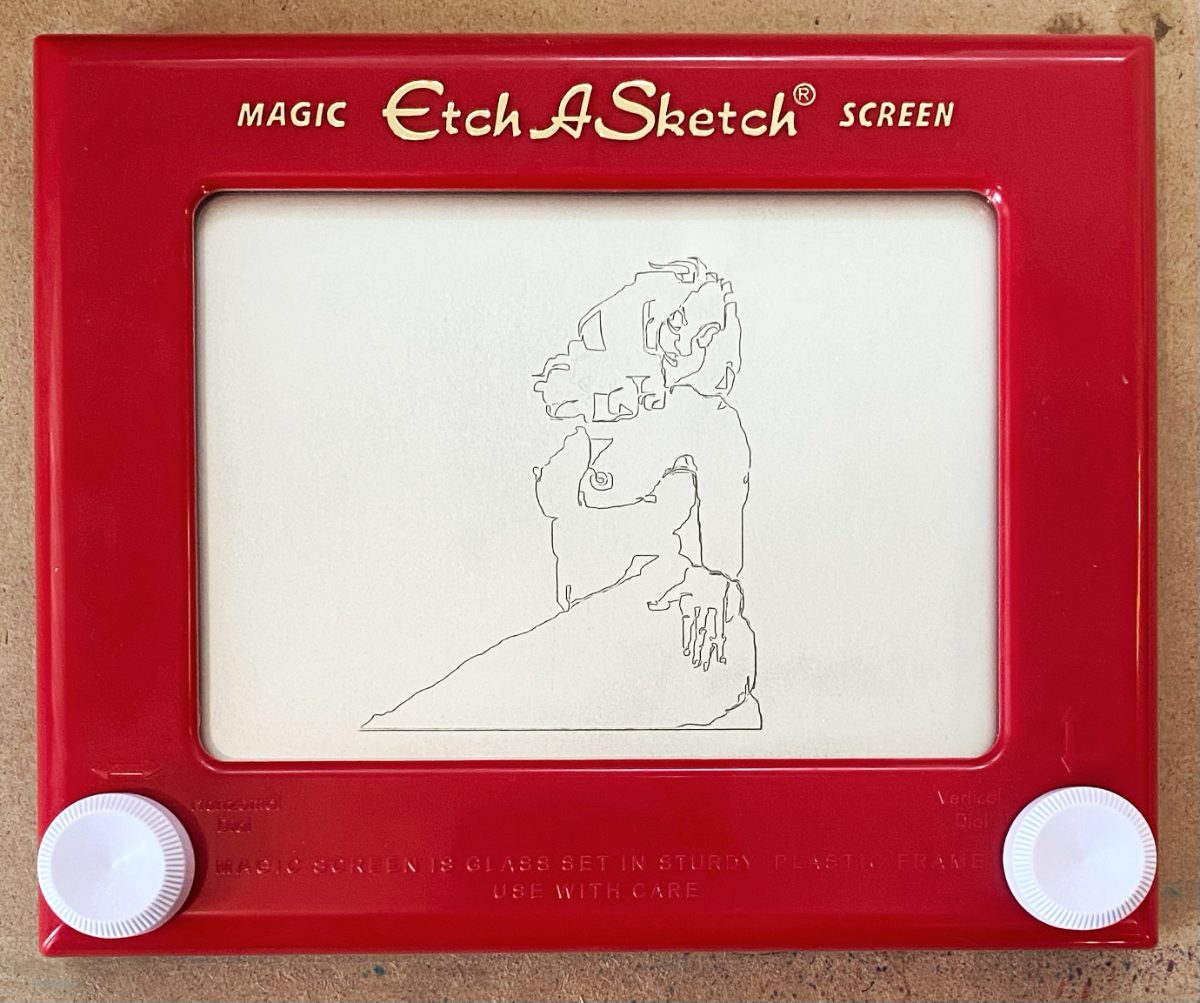 Etch a Sketch figure drawing — seated pose