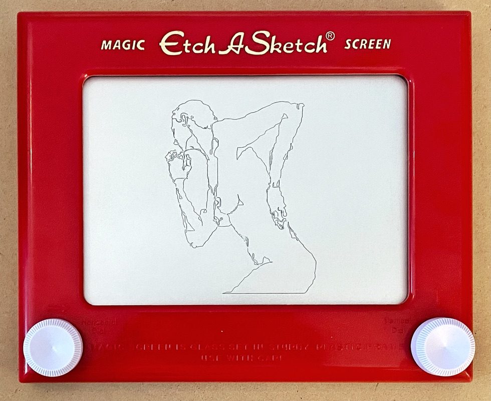 Etch a Sketch figure drawing — kneeling pose