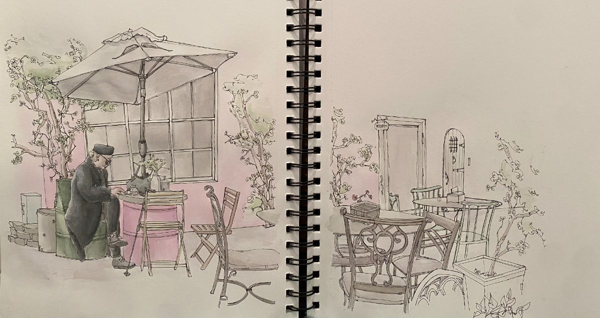 Sketchbook spread — café patio in pink
