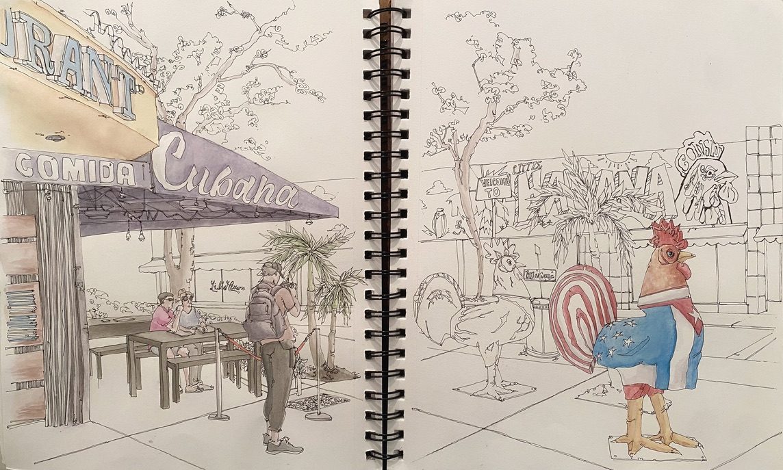 Sketchbook spread — Little Havana roosters