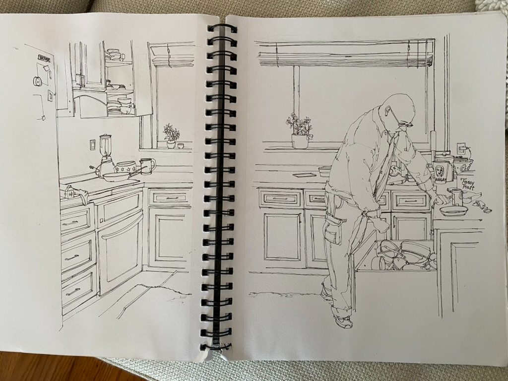 Sketchbook spread — kitchen in ink