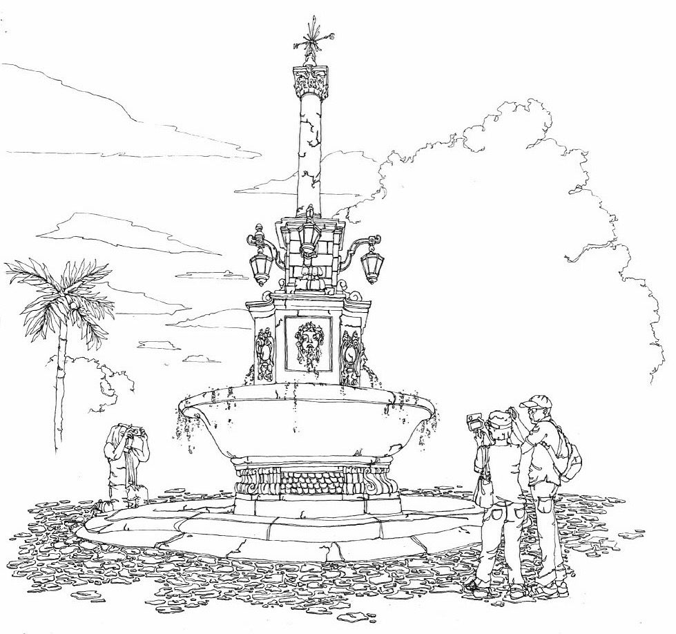 Ink drawing — fountain with tourists