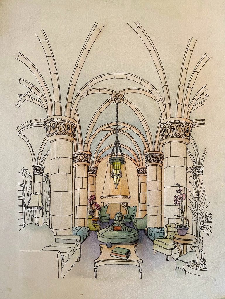 Watercolor — gothic hotel lobby