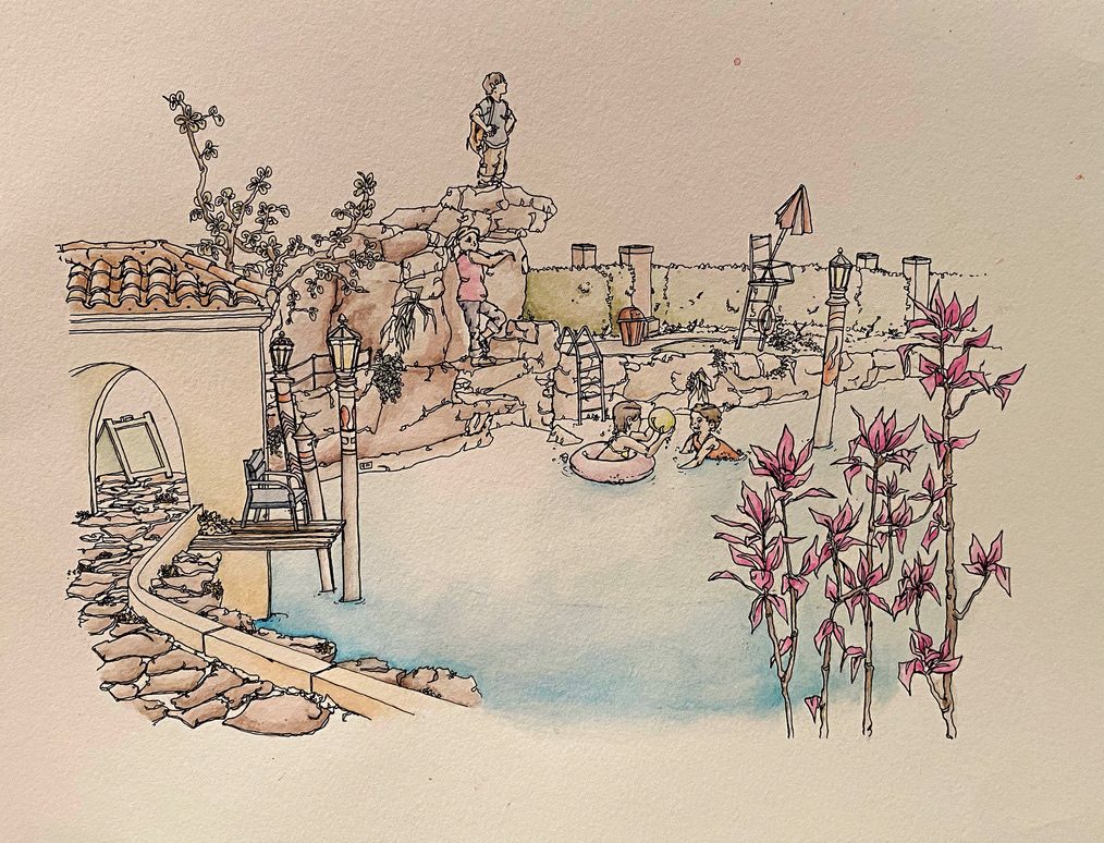 Watercolor — backyard pool scene