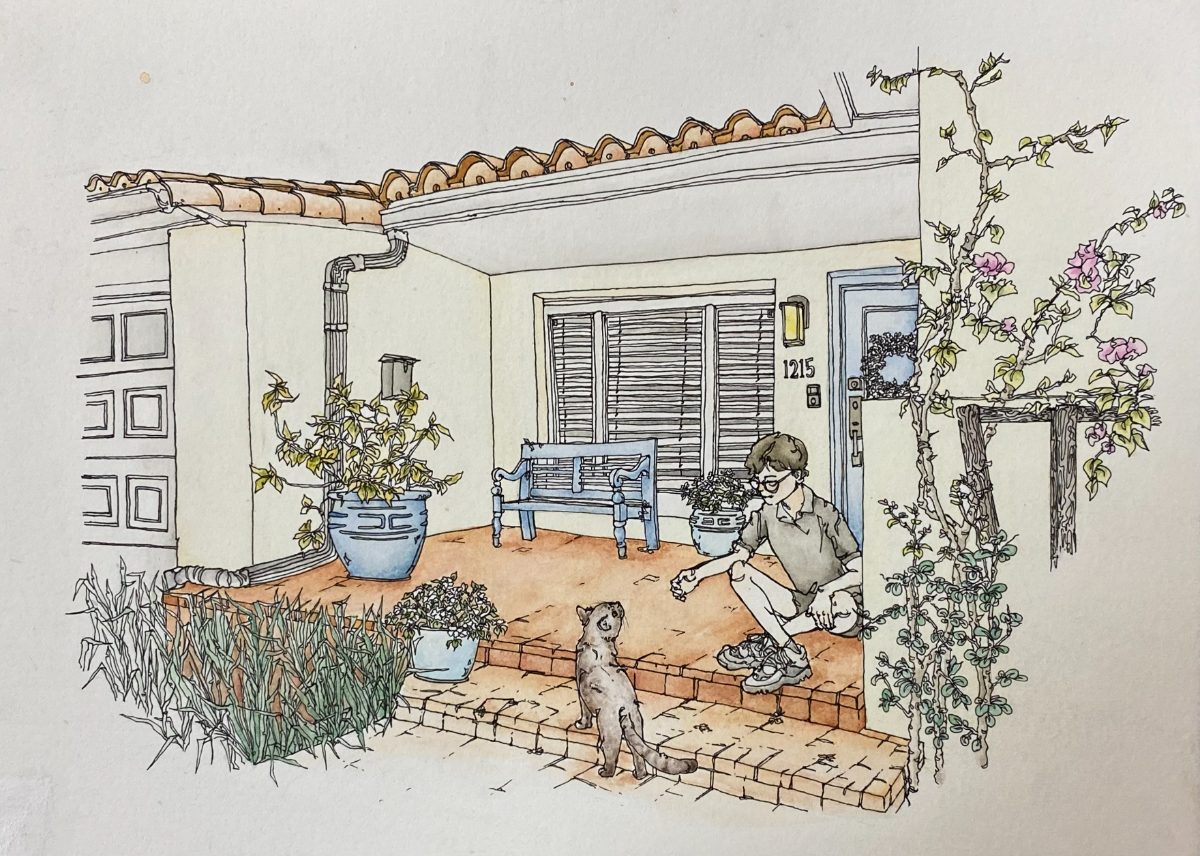 Watercolor — front porch with cat