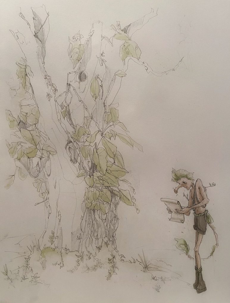 Watercolor — character reading under a tree