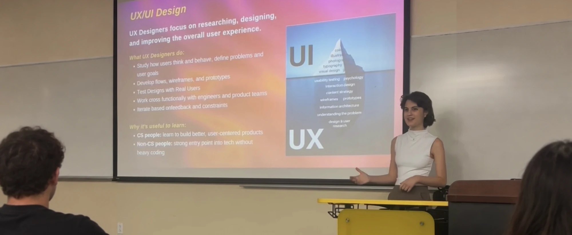 Tory presenting an introduction to UX and UI design at a Knights Design Interactive workshop