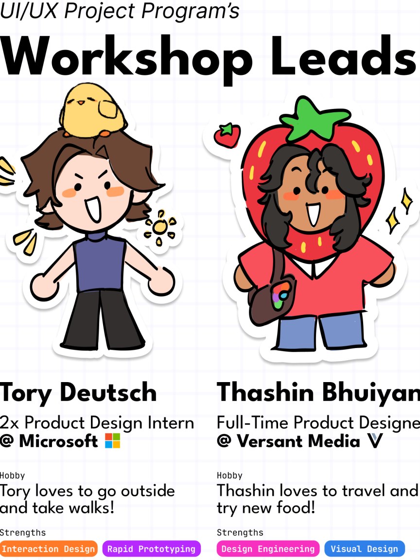 UI/UX Project Program workshop leads: illustrated portraits of Tory Deutsch and Thashin Bhuiyan